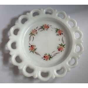 Vintage White Milk Glass Decorative Plate Lace Edge Hand Painted Roses 8.25"